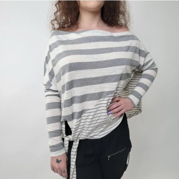 Striped Gray and White Off-Shoulder Top - Picture 1 of 8
